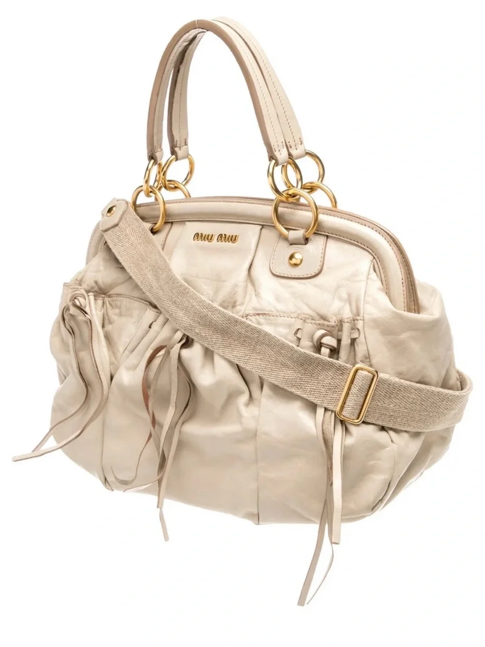 Miu Miu Cream Ruched Leather Shoulder Bag with Gold Hardware